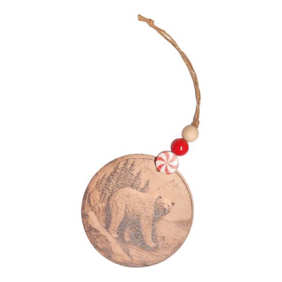 Handmade Rustic Bear Wood Ornament | Printed Mountain Scene | Woodland Christmas - Picture 2 of 7